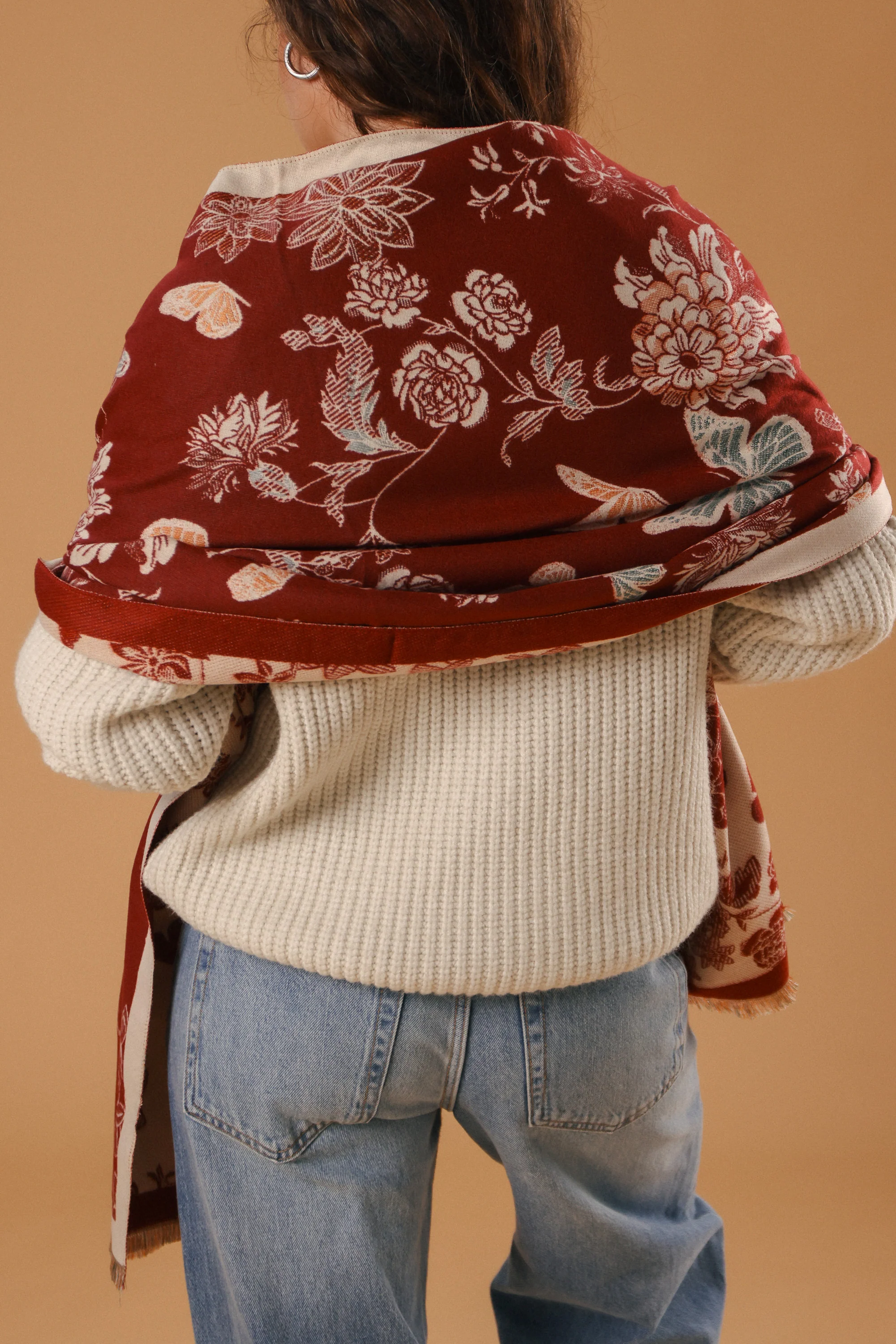 Scarf Butterflies & Flowers Burgundy - Image 2