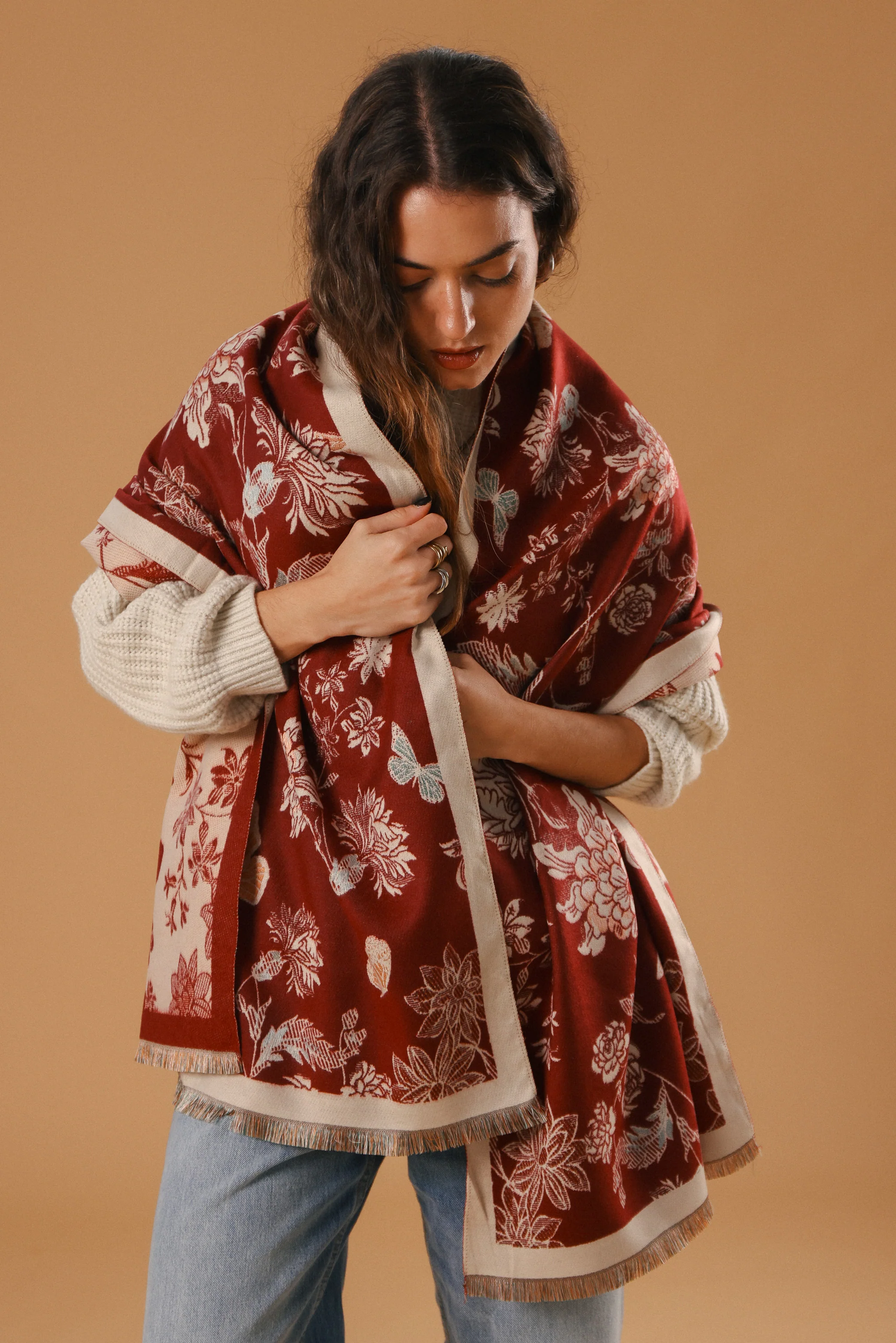 Scarf Butterflies & Flowers Burgundy - Image 3